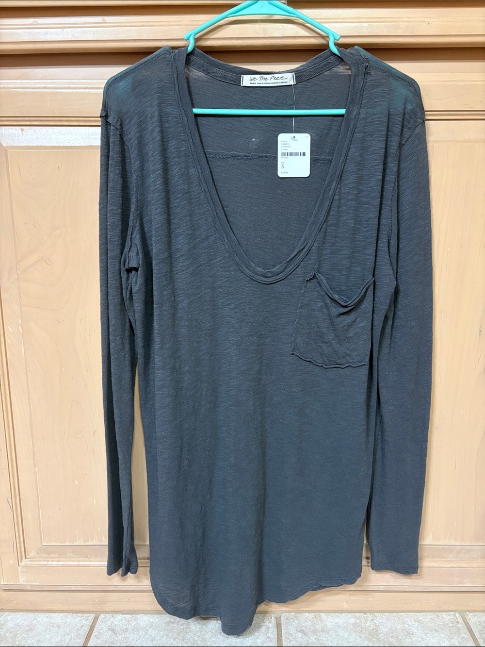 Free People Deep V Long Sleeve Pocket Tee - Charcoal